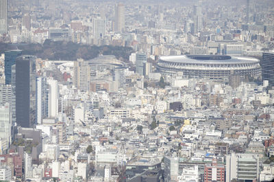 High angle view of modern buildings in city