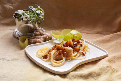 High angle view of meal served on table