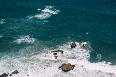 High angle view of people swimming in sea