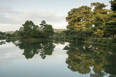 Reflection of trees in lake against sky