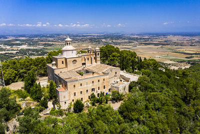 High angle view of buildings against sky