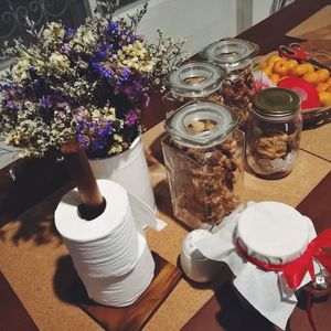 High angle view of flowers in vase on table