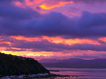 Scenic view of mountains against sky during sunset