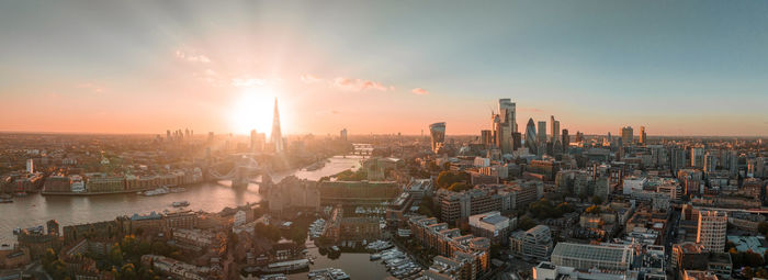 Aerial view of the london tower bridge at sunset.