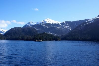 Scenic view of lake and mountains against sky
