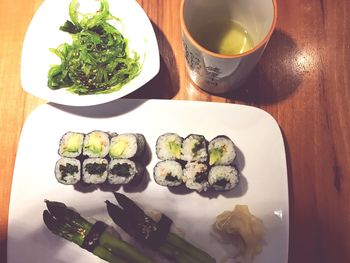 High angle view of sushi served on table