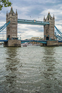 Tower bridge over river with city in background