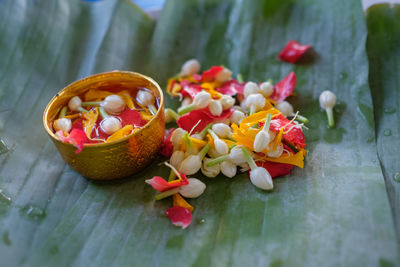 Close-up of thai jasmine flower on banana leaves