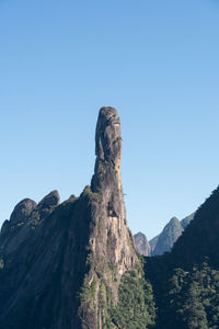 Low angle view of rock formation against clear blue sky