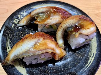 High angle view of seafood in plate on table