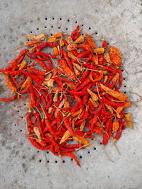 High angle view of red chili peppers