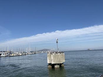 Sailboats moored on sea against sky