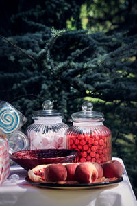 High angle view of dessert in jar on table