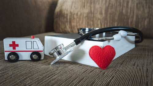 Close-up of toy heart shape on table