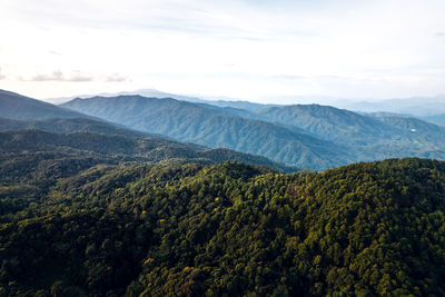 High angle view of trees and mountains against sky