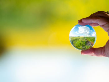 Close-up of person holding ice cream against sky