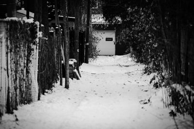 Snow covered footpath by street against building