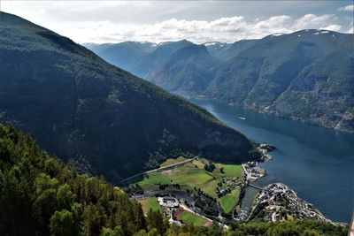 Scenic view of lake and mountains against sky