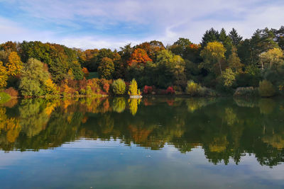 Scenic view of lake against sky during autumn