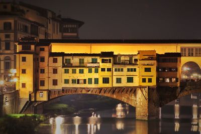 Bridge over river against illuminated buildings in city at night