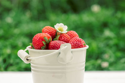 Close-up of strawberries in bowl on table