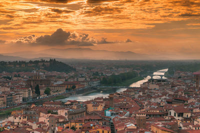 Aerial view of townscape against cloudy sky at sunset