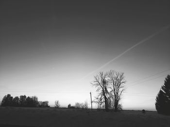 Silhouette bare trees on field against clear sky