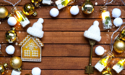 High angle view of christmas decorations on table