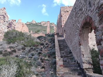 Low angle view of old ruins against sky