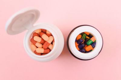 High angle view of multi colored candies on table