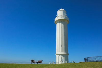 Low angle view of lighthouse against clear blue sky