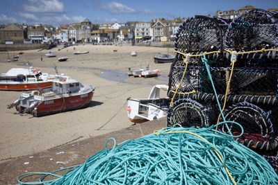 Fishing net at harbor in city