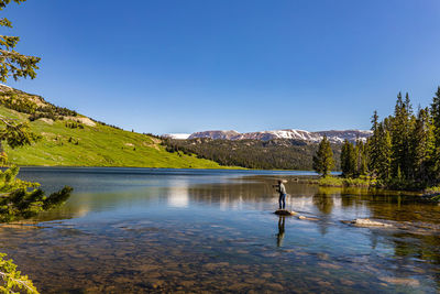 Scenic view of lake against clear blue sky