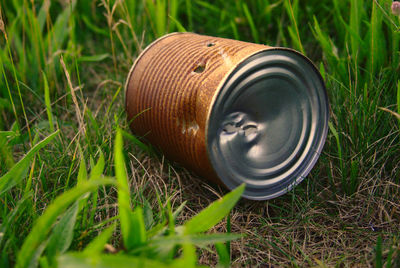 High angle view of container on field