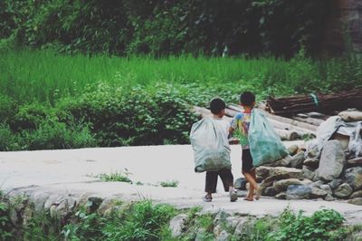 Rear view of people walking on street amidst trees