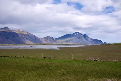 Scenic view of field and mountains against sky