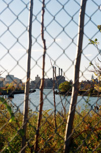 Close-up of suspension bridge in city