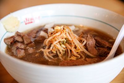 Close-up of ramen soup in bowl
