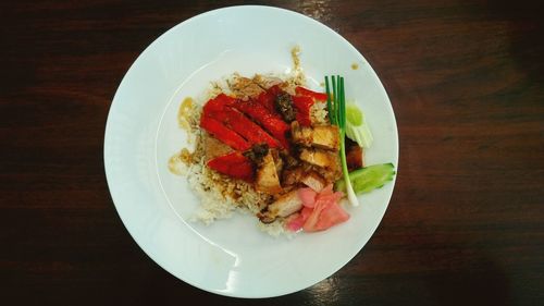 High angle view of food in plate on table