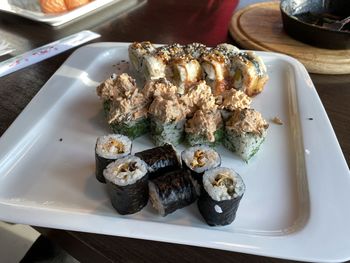 High angle view of food in plate on table