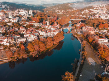 High angle view of city in autumn colors