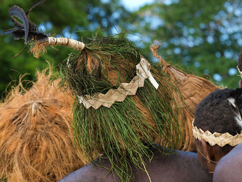 Rear view of man wearing traditional hat at forest