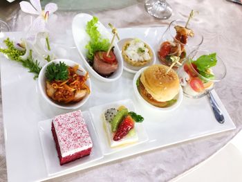 High angle view of meal served on table