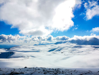 Scenic view of snow covered landscape against sky