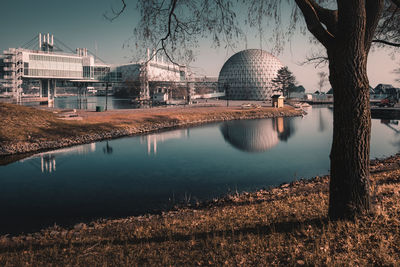 Reflection of buildings in lake