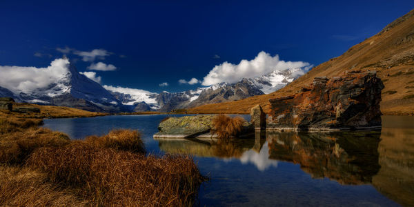 Scenic view of lake and mountains against sky