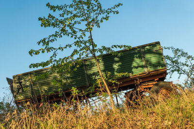 Low angle view of abandoned vehicle on field against clear sky