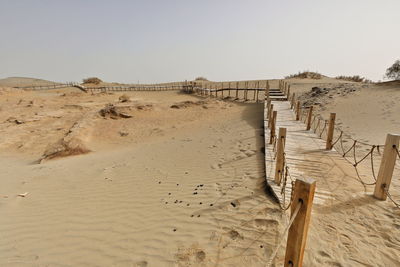 Wooden posts on sand at beach against clear sky