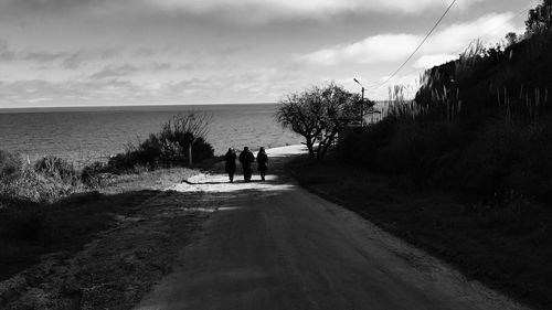 Rear view of people walking on shore against sky