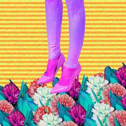 Contemporary digital collage art. women's legs in creative flowers space. women power, ladies